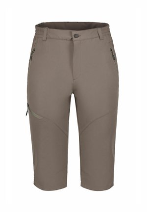 Braune Shorts bis zum Knie mit Reißverschlusstaschen an den Seiten, Gürtelschlaufen, Knopfverschluss und gesteppter Paneeldetailierung.