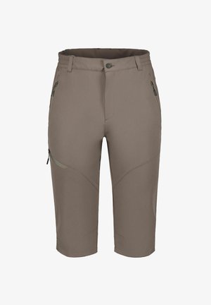 Braune Shorts bis zum Knie mit Reißverschlusstaschen an den Seiten, Gürtelschlaufen, Knopfverschluss und gesteppter Paneeldetailierung.