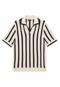 Pletena polo majica z vodoravnimi mornarsko modrimi in kremastimi črtami, z teksturirano tkanino, kratkimi rokavi in V-izrezom.