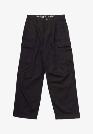 Pantalons cargo noirs en coton, avec une coupe décontractée, plusieurs poches latérales et une taille plate avec des détails visibles.