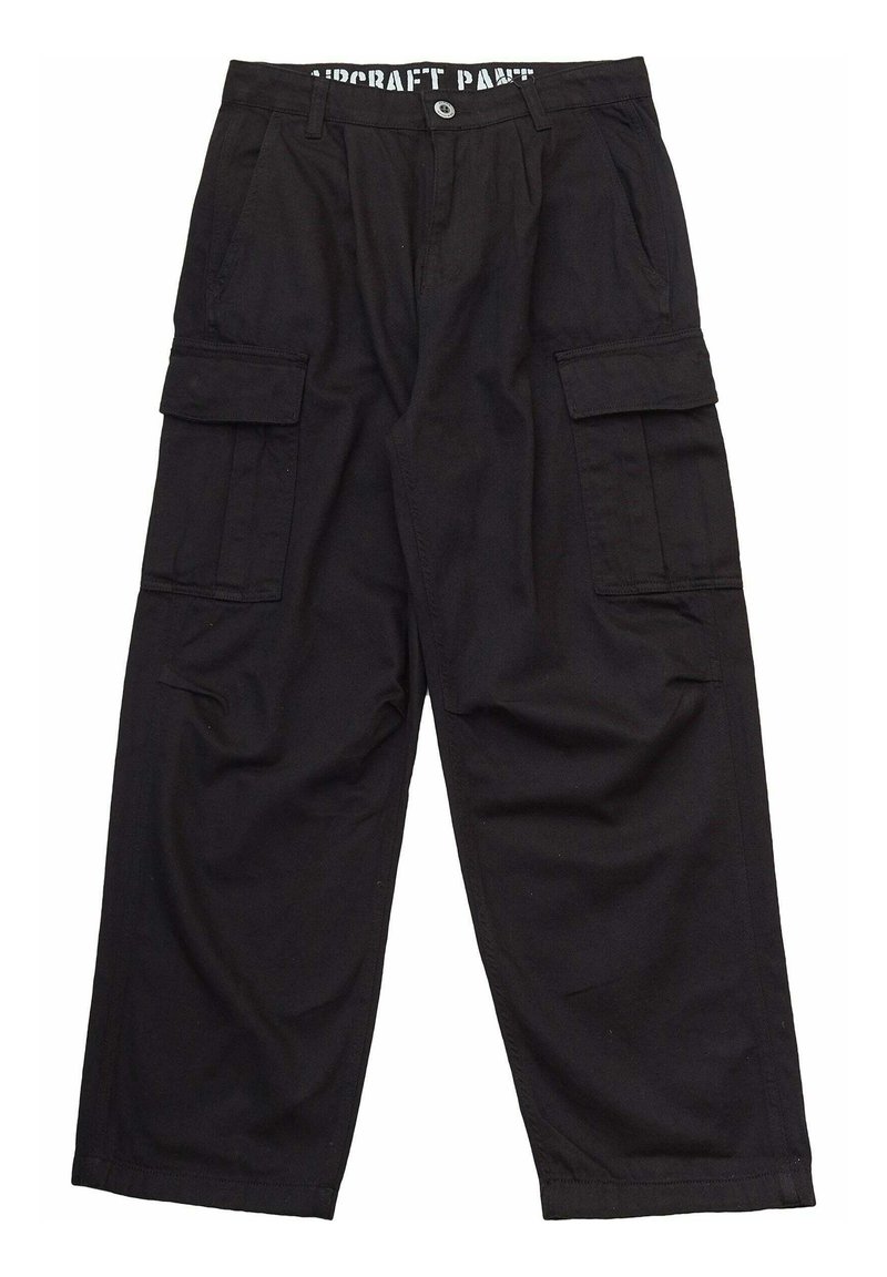 Pantalons cargo noirs en coton, avec une coupe décontractée, plusieurs poches latérales et une taille plate avec des détails visibles.