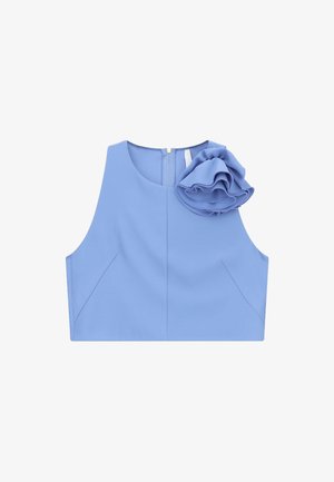 Top corto azzurro chiaro senza maniche con scollo rotondo e grande fiore di tessuto arricciato sulla spalla sinistra, chiusura con zip sul retro.