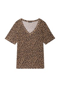 Leopardprint V-hals t-shirt met korte mouwen in bruin en tan, gemaakt van zachte stof met een ontspannen pasvorm en gedetailleerd patroon.