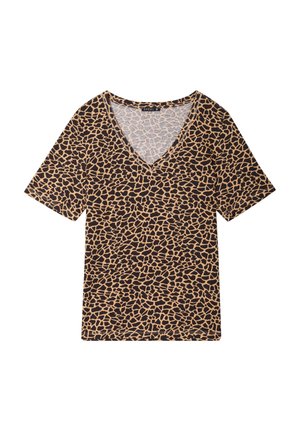 Leopardprint V-hals t-shirt met korte mouwen in bruin en tan, gemaakt van zachte stof met een ontspannen pasvorm en gedetailleerd patroon.