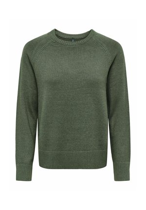 Pull vert en maille avec col rond, manches longues et poignets et ourlet côtelés, présenté sur fond blanc.