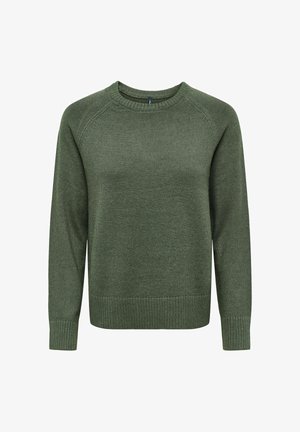 Pull vert en maille avec col rond, manches longues et poignets et ourlet côtelés, présenté sur fond blanc.