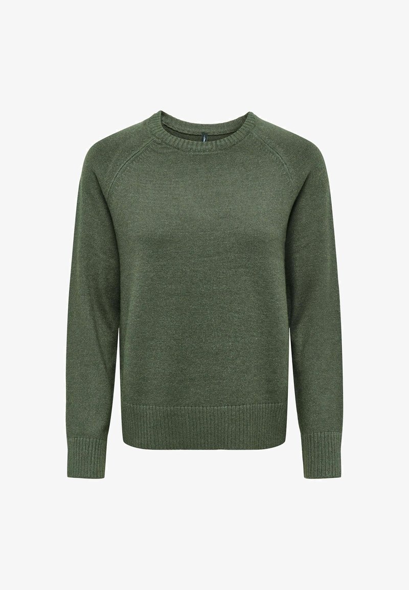 Pull vert en maille avec col rond, manches longues et poignets et ourlet côtelés, présenté sur fond blanc.