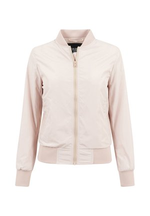 Jachetă bomber roz deschis cu fermoar frontal, guler, manșete și tiv striați, expusă pe fundal alb.