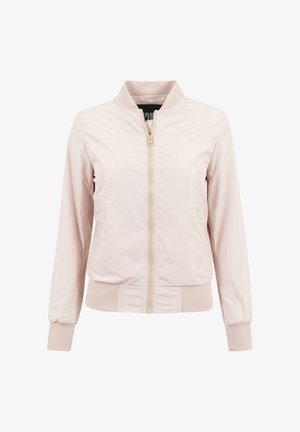 Jachetă bomber roz deschis cu fermoar frontal, guler, manșete și tiv striați, expusă pe fundal alb.