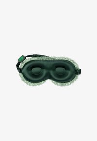 Groene satijnen slaapmasker met kantafwerking, gevoerde oogsecties en een verstelbare elastische band voor comfort en het blokkeren van licht.