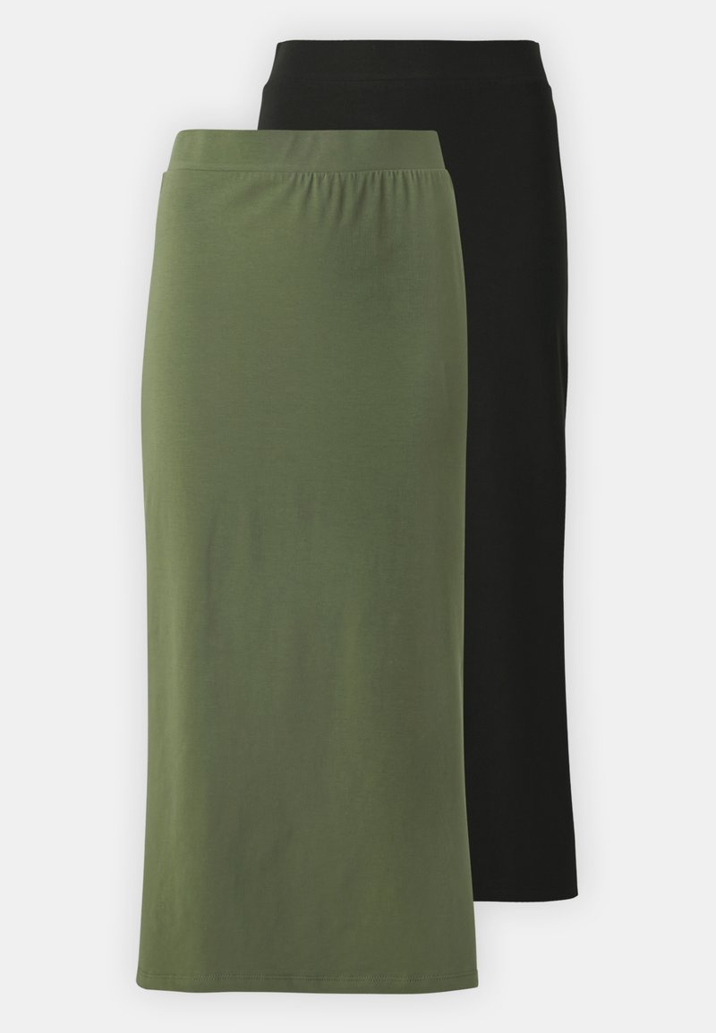 Dos faldas hasta el tobillo en verde oliva y negro, hechas de una tela suave y elástica, con cinturillas elásticas y un diseño sencillo.