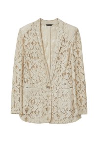 Blazer beige da donna con motivo in pizzo floreale, maniche lunghe, colletto a punta, chiusura con un bottone e due tasche frontali a fessura.