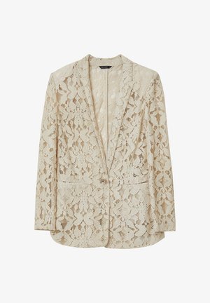 Beige Damenblazer mit floralen Spitze, langen Ärmeln, Reverskragen, Ein-Knopf-Verschluss und zwei vorderen Eingrifftaschen.