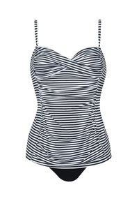 Czarny i biały pasiasty tankini z regulowanymi ramiączkami spaghetti, marszczonymi detalami po bokach i jednolitym czarnym dolnym bikini.