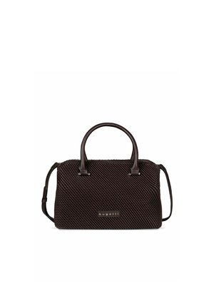 Sac à main marron foncé texturé avec double poignée et bandoulière réglable, avec une plaque logo rectangulaire "bugatti" sur le devant.