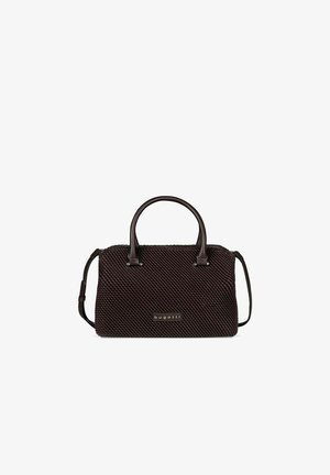 Sac à main marron foncé texturé avec double poignée et bandoulière réglable, avec une plaque logo rectangulaire "bugatti" sur le devant.