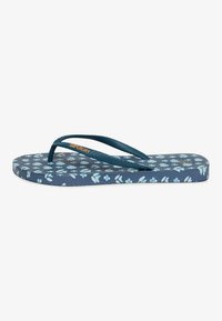 Tongs bleu marine à motif floral avec brides texturées et marquage "Superdry" sur la bride latérale.