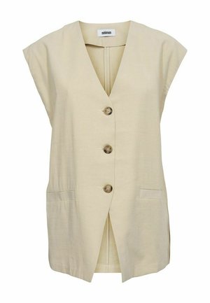 Beež ilma varrukat vest, V-kaelusega, ees viis nööpi ja kaks külgtaskut. Valmistatud siledast, kergest kangast.