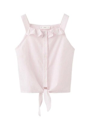 Haut court rayé rose clair avec encolure à volants et lien ajustable en bas. Présente des boutons sur le devant et des bretelles.