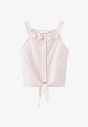 Haut court rayé rose clair avec encolure à volants et lien ajustable en bas. Présente des boutons sur le devant et des bretelles.