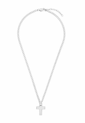 Zilveren ketting met een gepolijste kruisvormige hanger en een sluiting met kreeftsklem op een witte achtergrond.