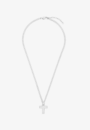 Collana a catena d'argento con pendente a croce lucidata e chiusura a moschettone su sfondo bianco.