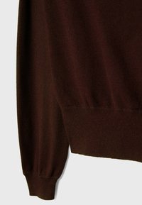 Brauner Strickpullover mit gerippten Bündchen und Saum, ausgestattet mit einer glatten Textur und einer taillierten Passform, die warme, erdige Töne betont.