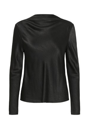 Blouse noire à manches longues pour femme, en tissu doux et brillant, avec un large col, vue de dos.