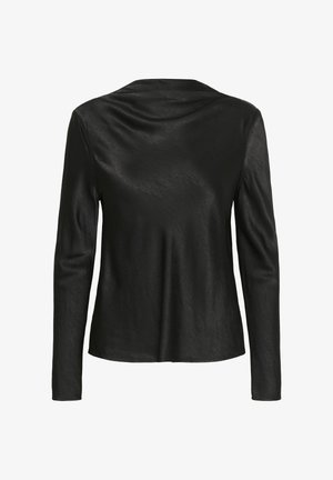 Blouse noire à manches longues pour femme, en tissu doux et brillant, avec un large col, vue de dos.