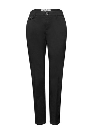 Sorte slim-fit bukser med knap- og lynlåslukning, bæltestropper og en lille knapdetalje nær linningen.