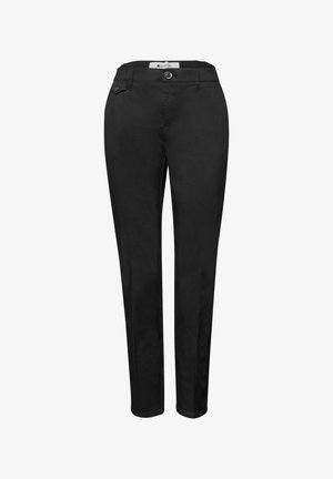 Černé úzké kalhoty s knoflíkovým a zipovým zapínáním, poutky na pásek a malým kapsičkovým detailem s knoflíkem blízko pasu.