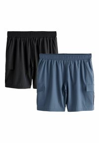 Zwei Paar Herren-Badehosen: eine in einfarbigem Schwarz, die andere in einfarbigem Blau. Beide verfügen über elastische Taillenbunde und seitliche Cargo-Taschen.