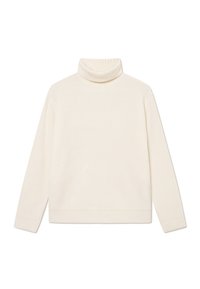 Cream ribbed turtleneck sweater made of soft fabric, featuring long sleeves and a relaxed fit, with a folded collar and hem.