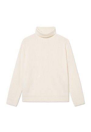 Cream ribbed turtleneck sweater made of soft fabric, featuring long sleeves and a relaxed fit, with a folded collar and hem.