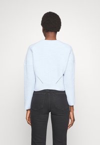 Maglione lavorato a maglia azzurro chiaro con maniche lunghe inserite, tessuto strutturato e dettaglio a punto triangolare sul retro, abbinato a jeans neri.