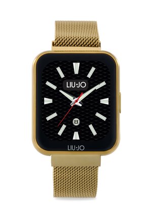 Orologio quadrato con cinturino in rete metallica dorata, quadrante nero testurizzato, marcatori bianchi per le ore, lancetta dei secondi rossa e logo in posizione delle 12.