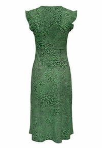 Robe midi verte avec des taches noires irrégulières, des manches flutter et un ourlet légèrement évasé, vue de dos.