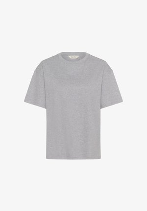 Vienkārša gaiši pelēka īsroku T-krekls ar apaļu kaklu, attēlots plakani uz balta fona.