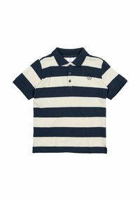 Polo tričko pruhované v námořnické modři a krémové barvě s límečkem, třemi knoflíky a malým logem na hrudi. Vyrobeno z bavlny, s krátkými rukávy.