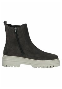 Graue Wildleder-Stiefelette mit seitlichem Reißverschluss, dicker weißer Plateausohle, runder Zehenform und minimalen Nähte. Einfaches und funktionales Design.