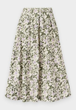 Fustă florală cu un fundal crem, frunze verzi și flori mov. Talie elastică, design plissetat și material ușor.