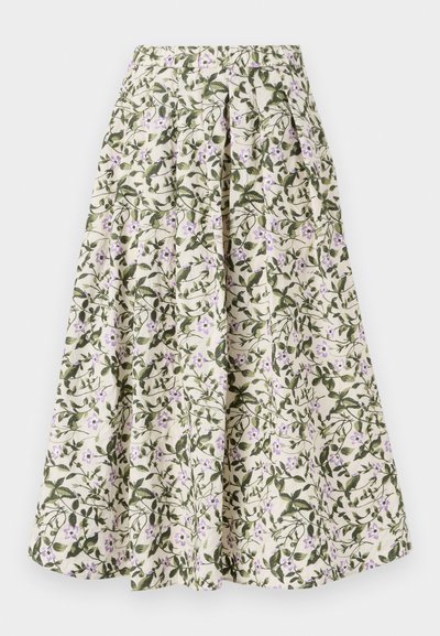 Jupe fleurie avec un fond crème, des feuilles vertes et des fleurs violettes. Taille élastique, design plissé et tissu léger.