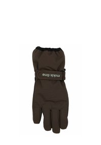 Brūna izolēta cimdi ar elastīgu aproci un regulējamu siksnu; izgatavoti no ūdensnecaurlaidīga materiāla; gluda tekstūra; piecu pirkstu dizains.