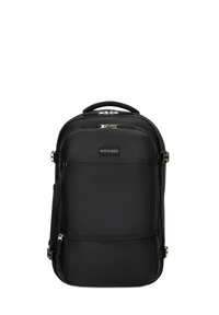Zaino in nylon nero con multiple cerniere, manici imbottiti e spallacci regolabili. Presenta il logo sul pannello frontale e una texture liscia.