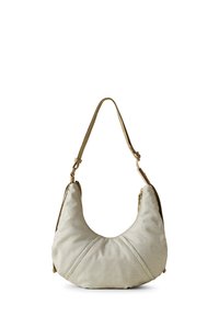 Hellgraue Ledertasche mit geschwungener Form, strukturiertem Oberfläche und goldfarbenen Beschlägen. Verfügt über ein gerafftes Design und einen verstellbaren Trageriemen.