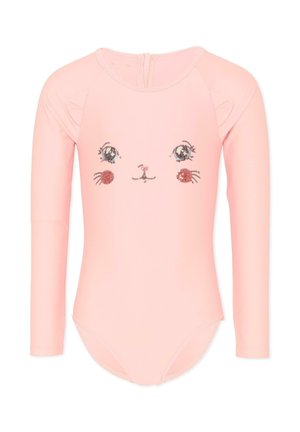 Jasnoróżowe body z długim rękawem, ozdobione uroczym wzorem kota, obejmującym oczy, wąsy, nos oraz małe uszka na ramionach.