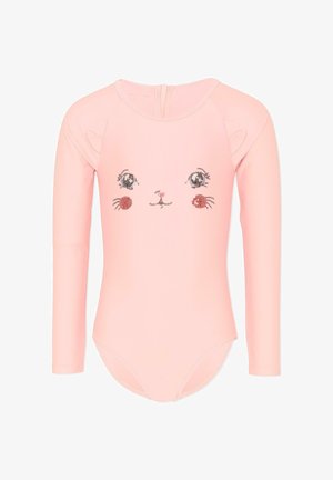 Body manches longues rose clair avec un adorable motif de visage de chat, comprenant les yeux, les moustaches, le nez et de petites oreilles sur les épaules.