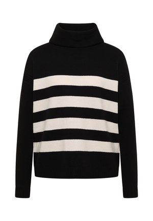 Zwart en crèmekleurig gestreepte coltrui met een losse pasvorm, voorzien van horizontale strepen en een geribbelde zoom en manchetten. Zachte gebreide textuur.