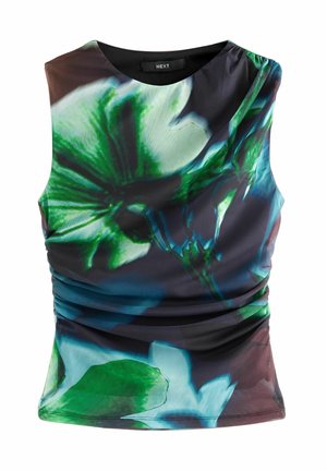 Haut sans manches ajusté avec côtés froncés et grand imprimé floral abstrait vert et bleu sur fond sombre.