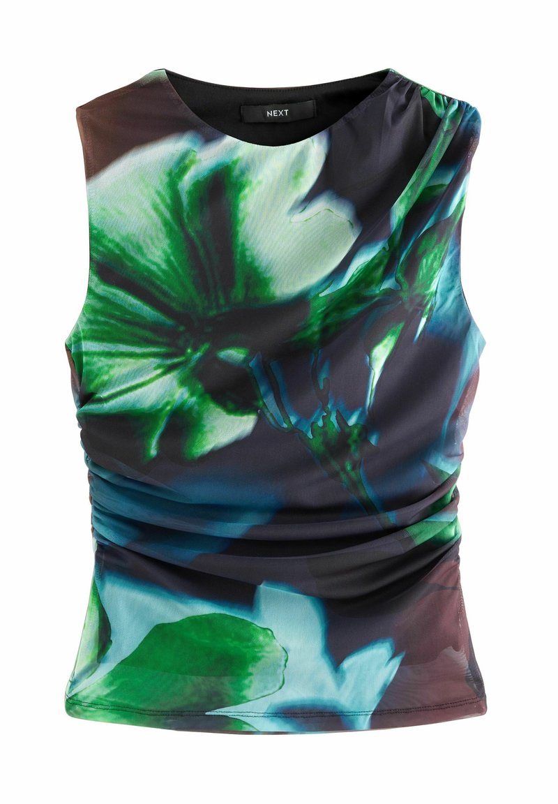 Haut sans manches ajusté avec côtés froncés et grand imprimé floral abstrait vert et bleu sur fond sombre.